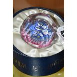A BOXED WHITEFRIARS GLASS MILLEFIORI PAPERWEIGHT, pink and blue with a central nativity scene,