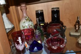 TEN PIECES OF LATE 19TH AND 20TH CENTURY GLASSWARE, including a cranberry glass Mary Gregory beaker,