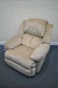 A FAUX SUEDE RECLINER ARMCHAIR, width 110cm x depth 106cm x height 110cm, along with a matching