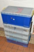 FIVE 'THE REALLY USEFUL BOX' BOXES, with lids, comprising a blue 64 litre box (lid broken, rim