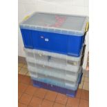 FIVE 'THE REALLY USEFUL BOX' BOXES, with lids, comprising a blue 64 litre box (lid broken, rim