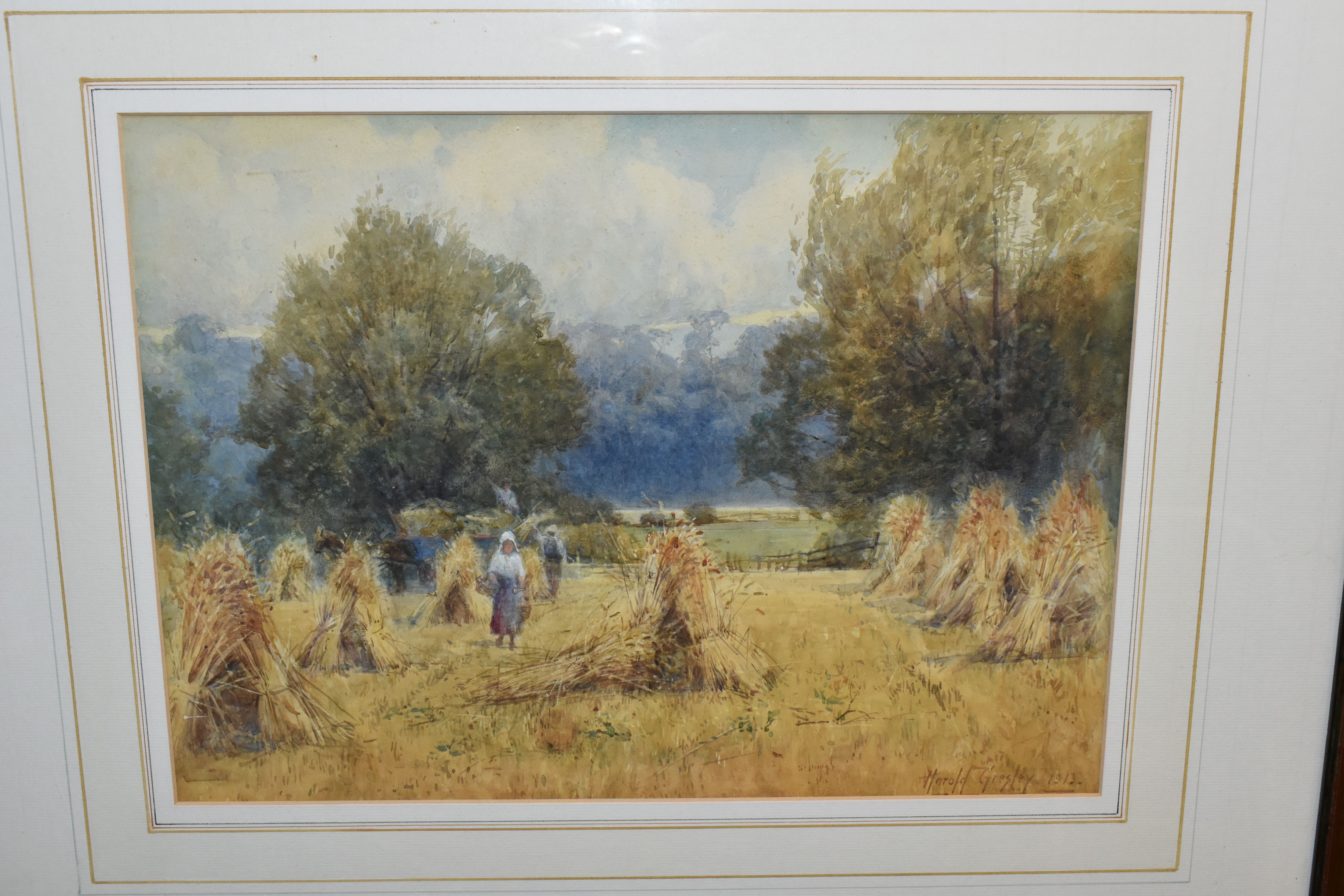 HAROLD GRESLEY (1892-1962) 'HARVESTING NEAR KINGS MILLS', a picturesque landscape depicting - Image 2 of 4