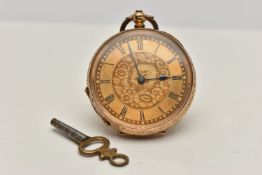 A LADYS OPEN FACE POCKET WATCH, key wound, round gold floral dial, Roman numerals, blue steel hands,