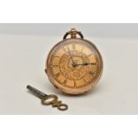 A LADYS OPEN FACE POCKET WATCH, key wound, round gold floral dial, Roman numerals, blue steel hands,