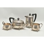 A FOUR PIECE TEA SERVICE SET, EPNS hammer effect set comprising of a teapot, coffee pot, milk jug