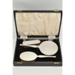 A CASED MID 20TH CENTURY FOUR PIECE DRESSING TABLE SET, engine turned decoration, comprising hand