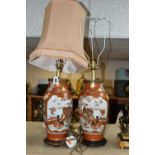 A PAIR OF ORIENTAL TABLE LAMPS, Kutani style, height 42cm to top of brass fitting, decorated in