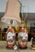 A PAIR OF ORIENTAL TABLE LAMPS, Kutani style, height 42cm to top of brass fitting, decorated in