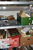 FOUR BOXES OF CHRISTMAS DECORATIONS, to include vintage baubles, lights and other decorations,