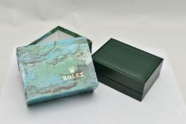 A ROLEX BOX, a green box with embossed logo to the lid, base embossed in gold font 'Montres Rolexs.