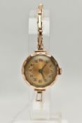 A MID 20TH CENTURY, 9CT GOLD LADYS WRISTWATCH, manual wind, round bi-colour dial, Arabic numerals,