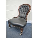 A VICTORIAN MAHOGANY SPOON BACK CHAIR, with buttoned black leatherette fabric (condition report:-