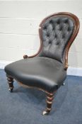 A VICTORIAN MAHOGANY SPOON BACK CHAIR, with buttoned black leatherette fabric (condition report:-
