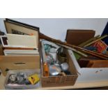 FOUR BOXES AND LOOSE MUSICAL INTEREST, METALWARES, PICTURES, WALKING STICKS AND SUNDRY ITEMS, to