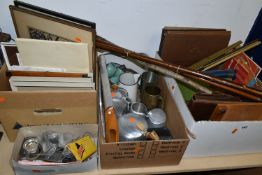 FOUR BOXES AND LOOSE MUSICAL INTEREST, METALWARES, PICTURES, WALKING STICKS AND SUNDRY ITEMS, to