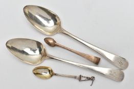 TWO EARLY 19TH CENTURY OLD ENGLISH PATTERN SILVER TABLESPOONS BY THE BATEMAN FAMILY, TOGETHER WITH A