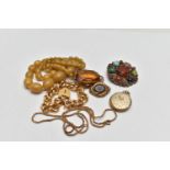 A BAG OF EARLY TO MID 20TH CENTURY JEWELLERY, to include a gold plated onyx brooch, unmarked, a