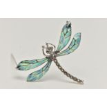 A WHITE METAL PLIQUE A JOUR BROOCH, in the form of a dragonfly, marcasite detailed body and eyes,