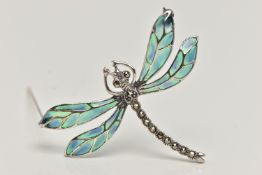 A WHITE METAL PLIQUE A JOUR BROOCH, in the form of a dragonfly, marcasite detailed body and eyes,