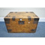 A VINTAGE PINE AND METAL BANDED TRUNK, with metal handles, width 61cm x depth 42cm x height 37cm (
