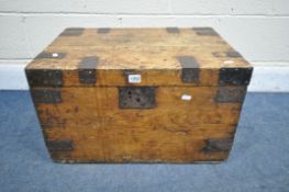 A VINTAGE PINE AND METAL BANDED TRUNK, with metal handles, width 61cm x depth 42cm x height 37cm (