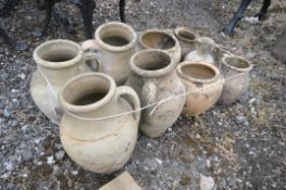 A SELECTION OF WEATHERED CLAY GREEK POTTERY POTS, max height 31cm (condition: -historical wear and