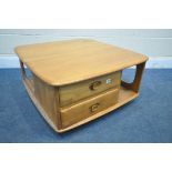AN ERCOL ELM PANDORA'S BOX OCCASIONAL TABLE, model 735, with two drawers, and shelving, on