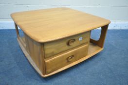 AN ERCOL ELM PANDORA'S BOX OCCASIONAL TABLE, model 735, with two drawers, and shelving, on