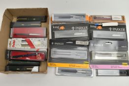 A BOX OF ASSORTED PENS, to include seven boxed/packaged 'Parker' ball point pens, together with