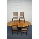 A MID CENTURY G PLAN FRESCO TEAK OVAL EXTENDING DINING TABLE, with a single fold out leaf,