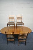 A MID CENTURY G PLAN FRESCO TEAK OVAL EXTENDING DINING TABLE, with a single fold out leaf,
