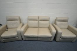 AN ITALSOFA CREAM LEATHER RECLINING THREE SEATER SETTEE, comprising a two seater settee, length