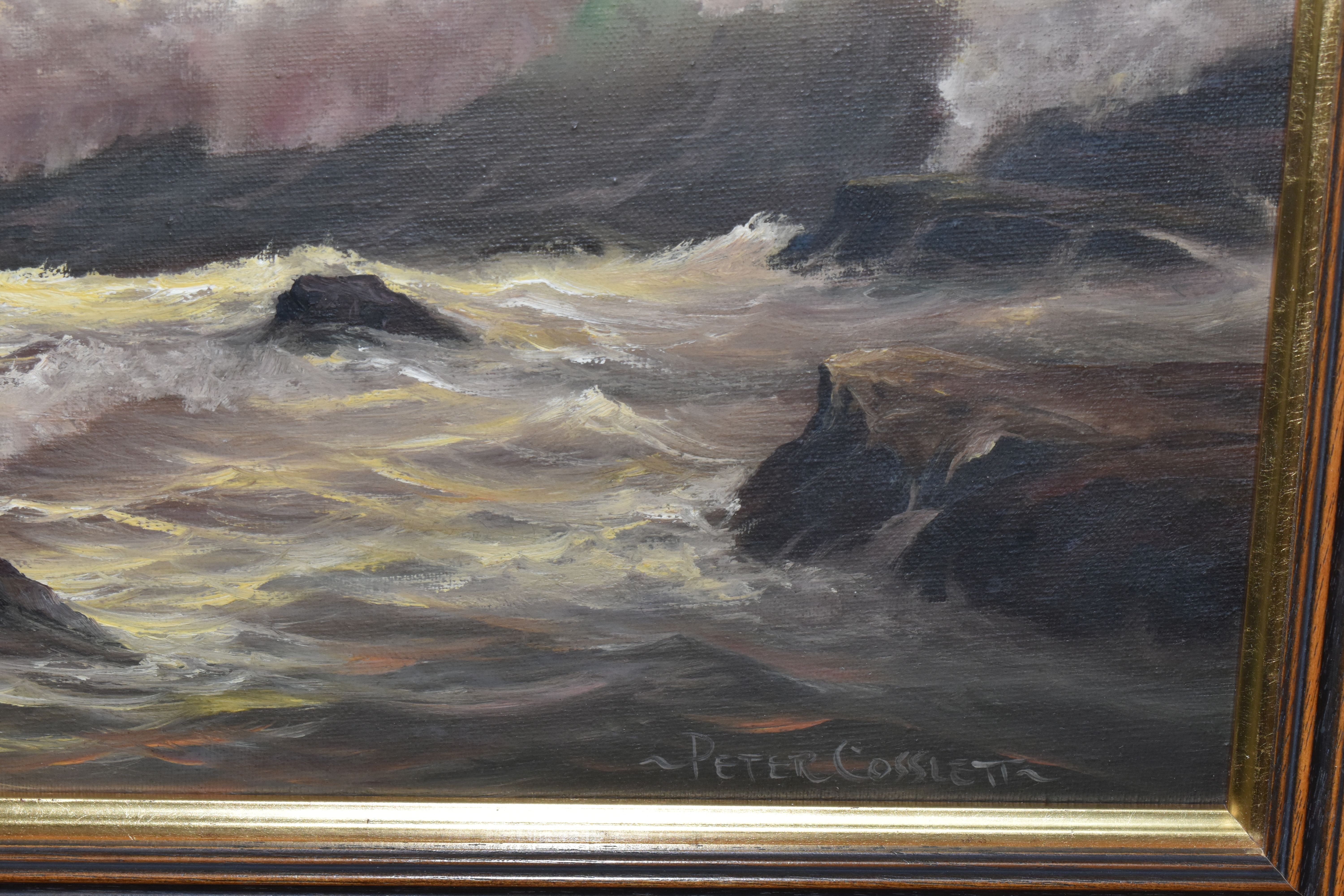PETER COSSLETT (1927-2012) SUNSET COASTAL LANDSCAPE, waves are breaking over small rocks on the - Image 3 of 4