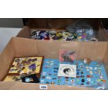 TWO BOXES OF BADGES & KEYRINGS comprising a mixture of several hundred plastic, metal or enamel