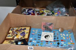 TWO BOXES OF BADGES & KEYRINGS comprising a mixture of several hundred plastic, metal or enamel