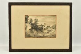 CIRCLE OF THOMAS MONROE (1759-1883) A LANDSCAPE WITH COTTAGES AND A POOL, UNSIGNED, charcoal and ink