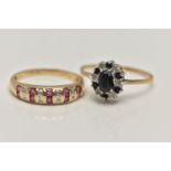 TWO 9CT GOLD GEM SET RINGS, the first a cluster ring set with an oval cut deep blue sapphire in a
