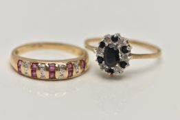 TWO 9CT GOLD GEM SET RINGS, the first a cluster ring set with an oval cut deep blue sapphire in a