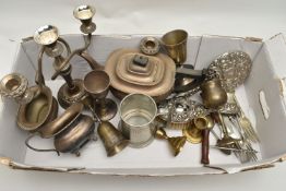 A BOX OF ASSORTED WHITE METAL WARE, to include a hammer effect Pewter tankard, goblets, a three