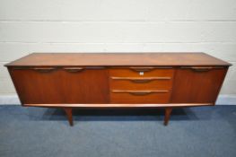 A MID-CENTURY JENTIQUE TEAK SIDEBOARD, with three central drawers, fall front cabinet, and double