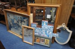 A SELECTION OF MIRRORS AND PICTURES, to include a pine framed wall mirror, two small mirrors, etc (