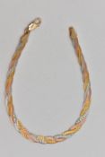 A 9CT GOLD TRI-COLOUR BRACELET, the white, rose and yellow gold flattened chains in a woven