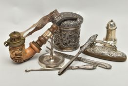 A SELECTION OF SILVER ITEMS, to include a pair of Georgian bright cut sugar tongs, hallmarked 'Peter