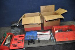 TWO BOXES AND A METAL TOOLBOX CONTAINING AUTOMOTIVE TOOLS including a cased set of Kennedy Circlip