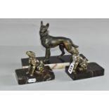 A GROUP OF ART DECO DOG FIGURES, comprising a pair of bookends with stylised gilt metal retrievers