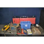 A SELECTION OF AUTOMOTIVE TOOLS including a Clarke Crawler board, a Halfords Trolley jack, spanners,
