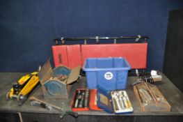 A SELECTION OF AUTOMOTIVE TOOLS including a Clarke Crawler board, a Halfords Trolley jack, spanners,