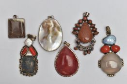 SIX STATEMENT PENDANTS, a selection of white metal pendants set with goldstone, agate, hardstone and