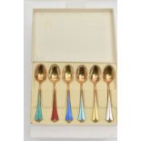 A BOXED SET OF SIX 'DAVID-ANDERSEN' ENAMEL TEASPOONS, gilt spoons each with a different colour