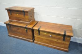 TWO HARDWOOD BLANKET CHESTS, with iron hinges, width 82cm x depth 42cm x height 46cm, and a